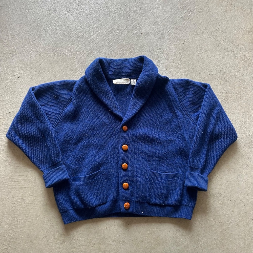 Vintage Hardy Amies Cardigan Sweater Size Medium Blue Pure Wool Wood Knot Button
